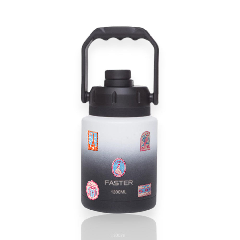 Garrafa Térmica Faster Growler 1200ml Selos de Viagem Preta com branco