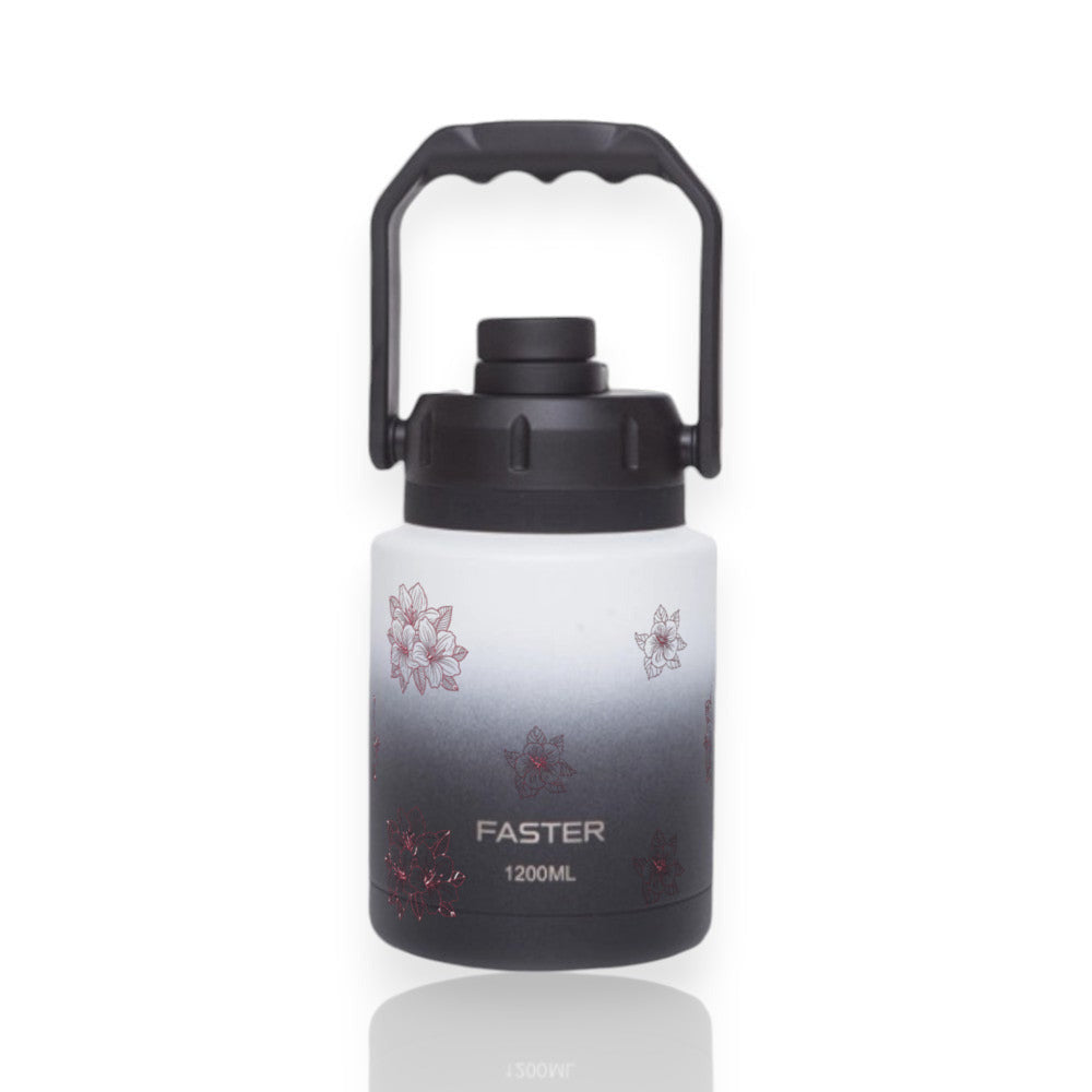 Garrafa Térmica Faster Growler 1200ml Floral Rosa Preta com branco