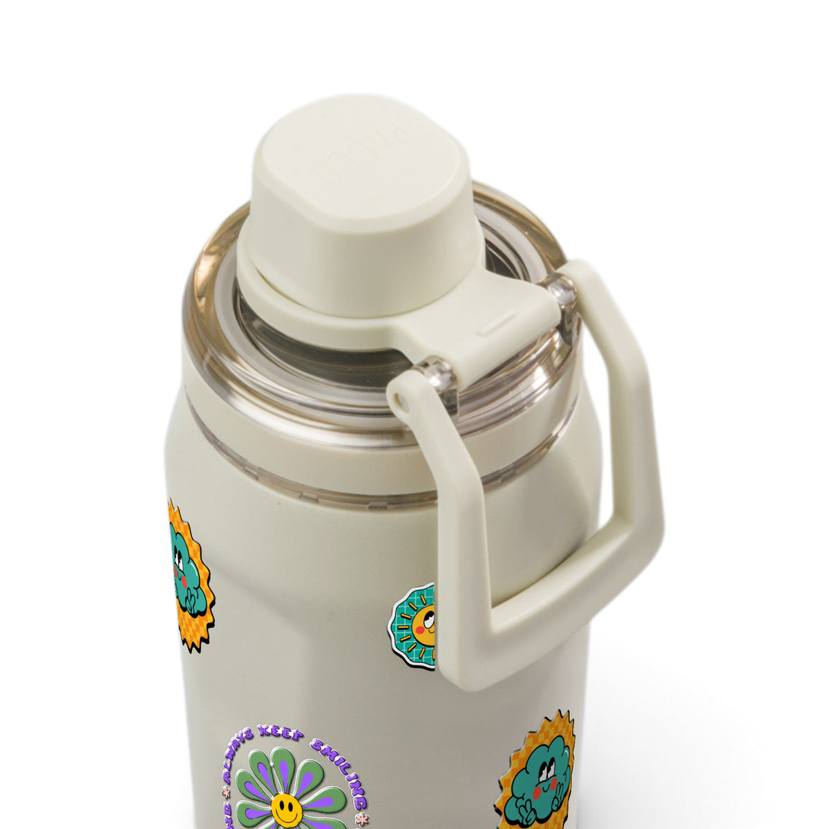 Garrafa Térmica PACCO Vyta 350ml Retrô Good Vibes Creme, detalhe da tampa