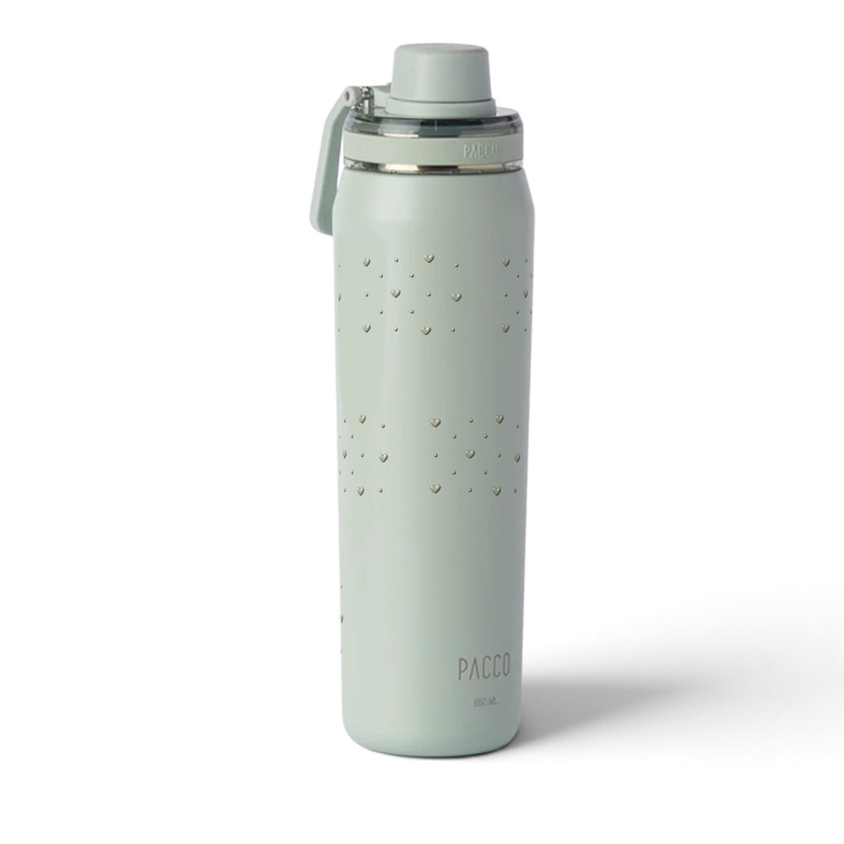 Garrafa Térmica PACCO Vyta 650ml Corações Sálvia Aqua Grey, foto de estúdio