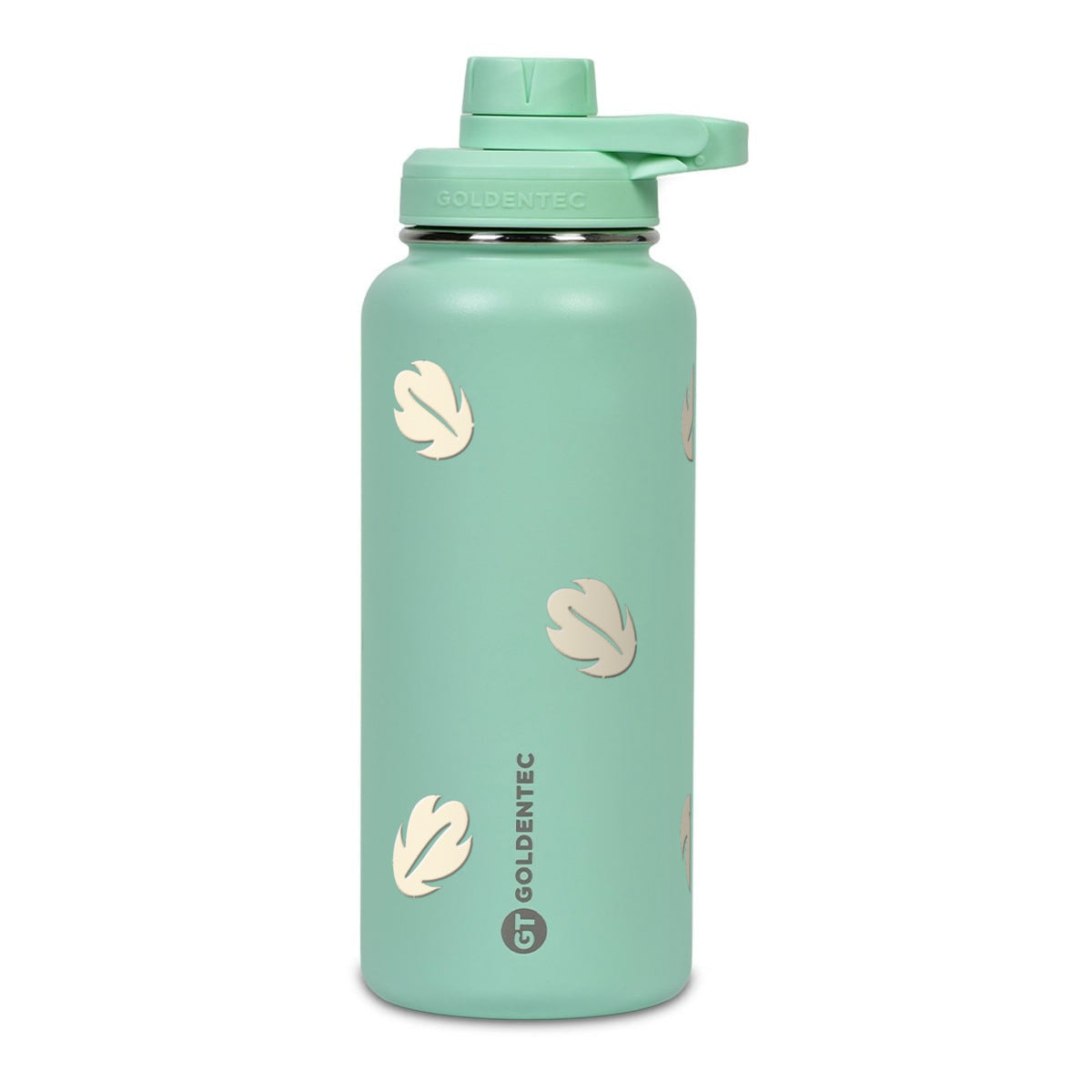 Garrafa Térmica Goldentec 1000ml Folhas Creme Verde Menta, frente