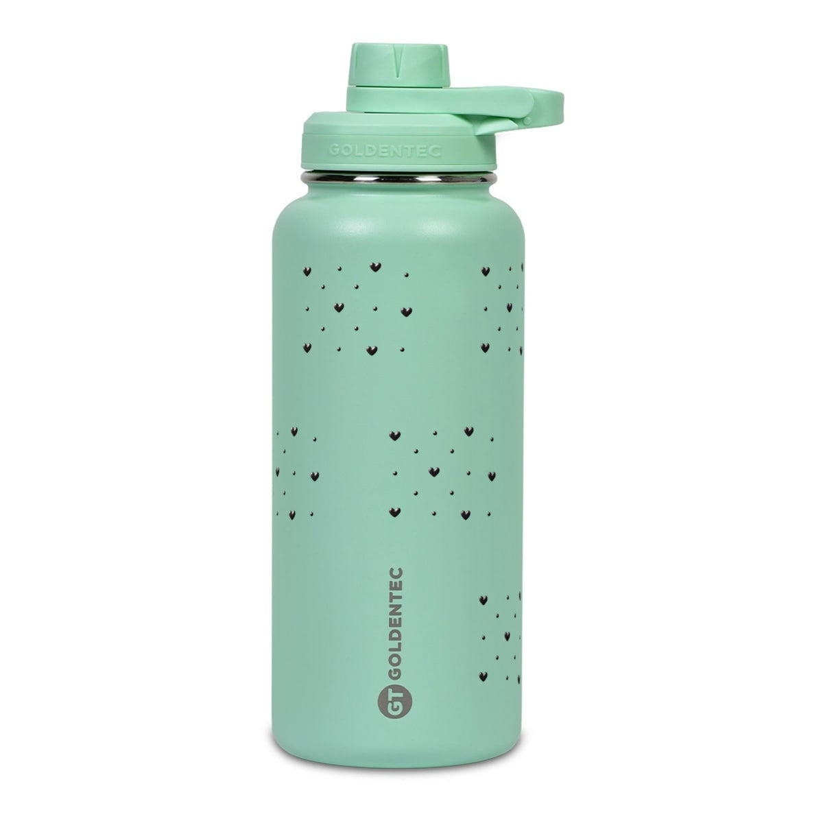 Garrafa Térmica Goldentec 1000ml Corações Preta Verde Menta, frente