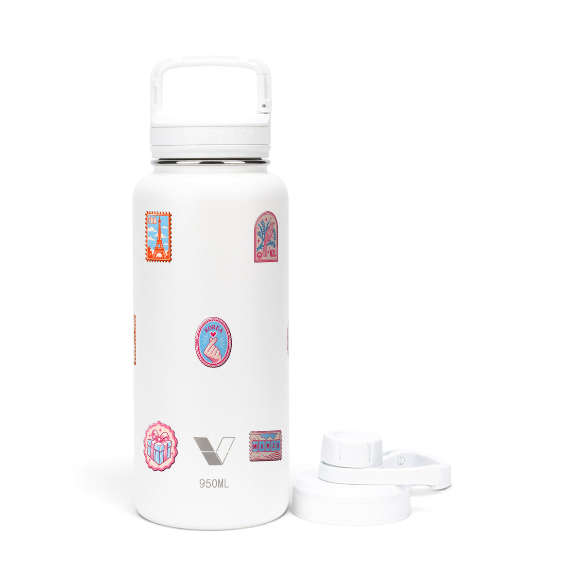 Garrafa Térmica Versity ColdKeeper 950ml Selos de Viagem Branca, frente