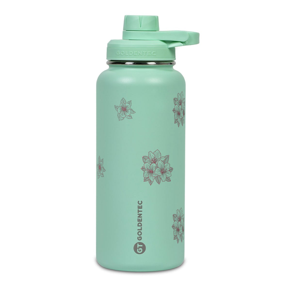 Garrafa Térmica Goldentec 1000ml Floral Rosa Verde Menta, frente