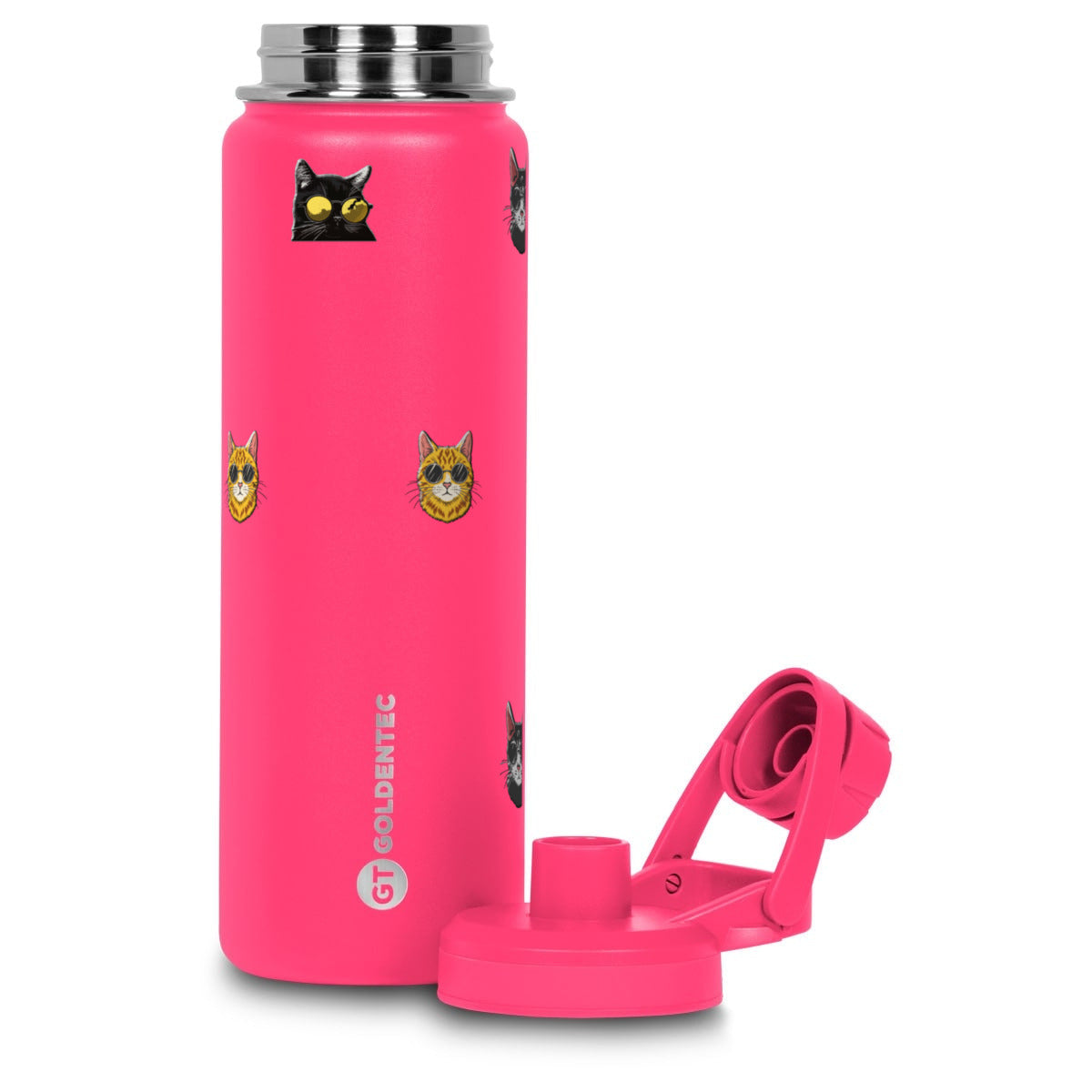 Garrafa Térmica Goldentec 750ml Gatos de Óculos Rosa Fúcsia, kit