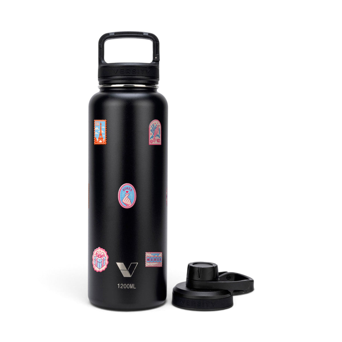 Garrafa Térmica Versity ColdKeeper 1200ml Selos de Viagem Preta, kit