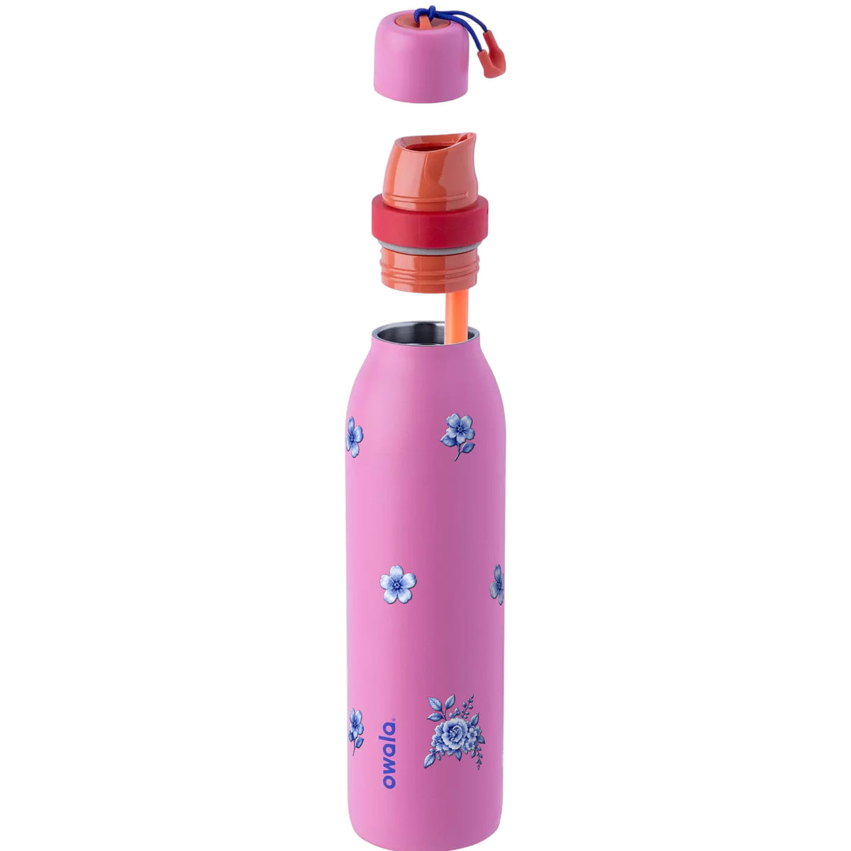 Garrafa Térmica Owala Twist 710ml Jardim Azul Fruit Punch, com a tampa aberta