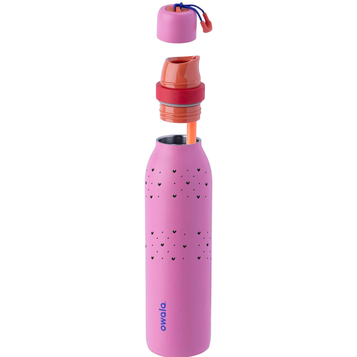 Garrafa Térmica Owala Twist 710ml Corações Preta Fruit Punch, com a tampa aberta