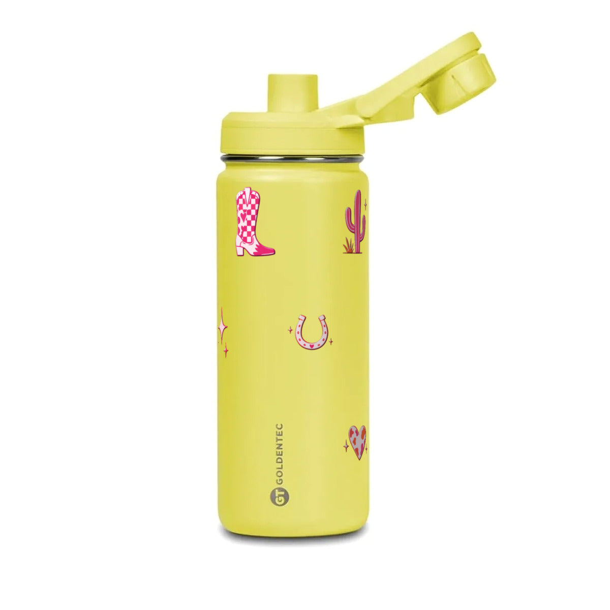 Garrafa Térmica Goldentec 500ml Country Rosa Amarela, com a tampa aberta