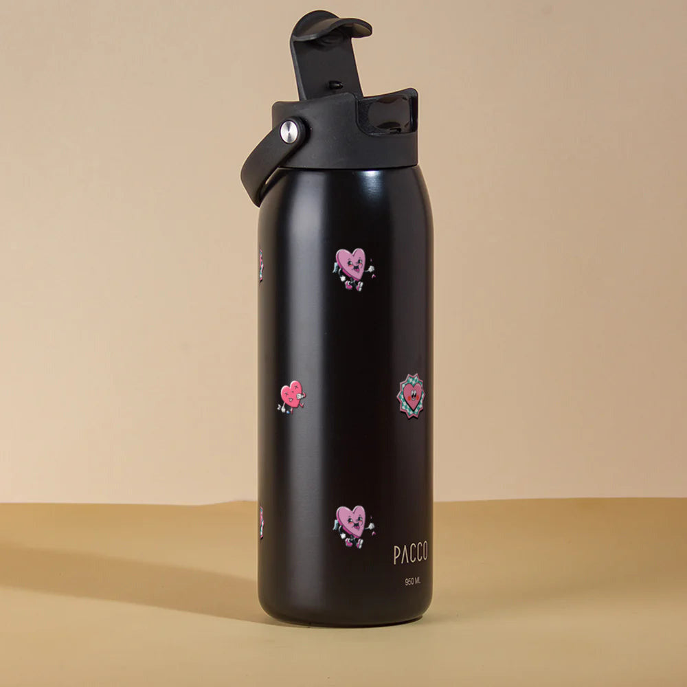Garrafa Térmica PACCO Easy 950ml Corações Preto, com a tampa aberta