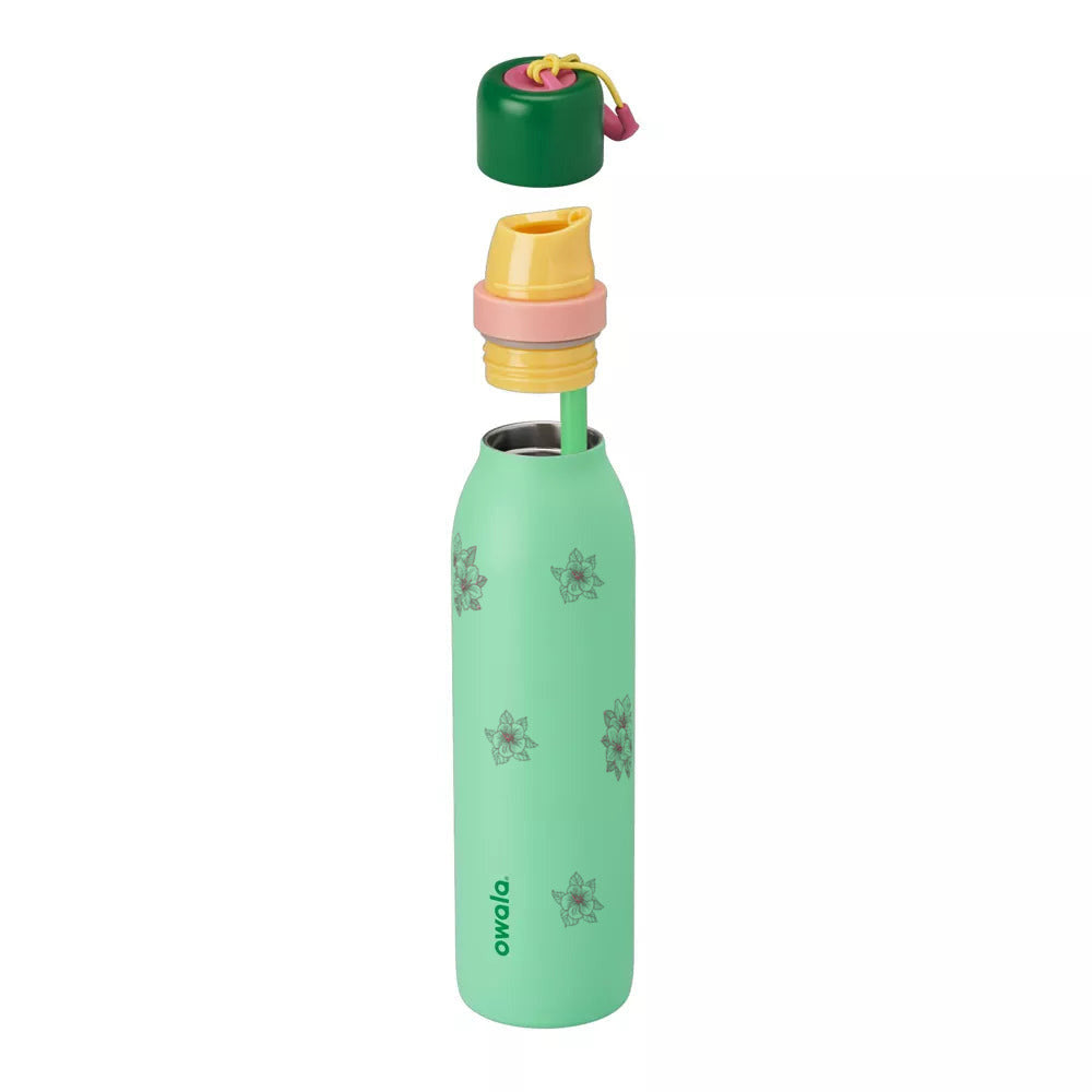 Garrafa Térmica Owala Twist 710ml Floral Rosa Scream Green, com a tampa aberta