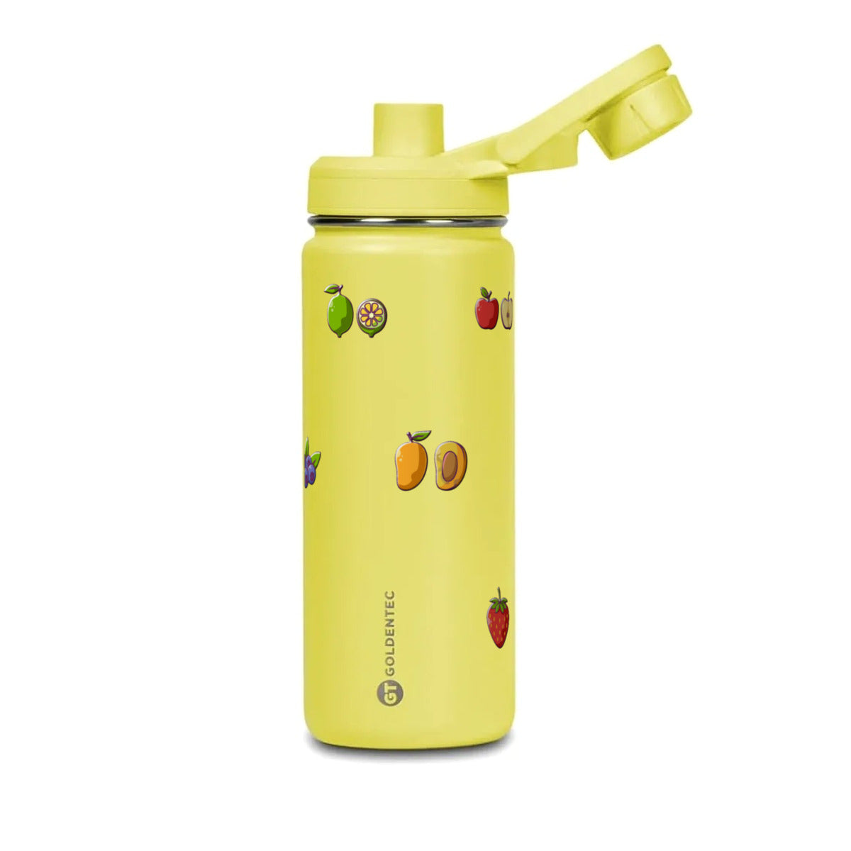 Garrafa Térmica Goldentec 500ml Frutas Amarela, com a tampa aberta
