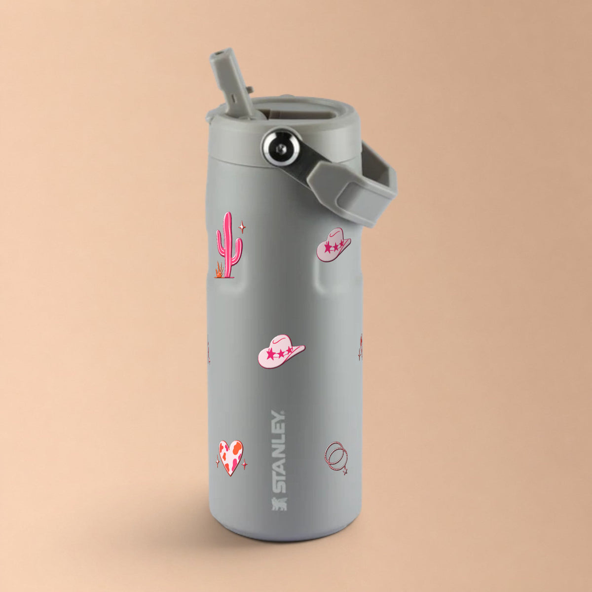 Garrafa Térmica Stanley Aerolight Flip Straw 473ml Country Rosa Ash, com a tampa aberta