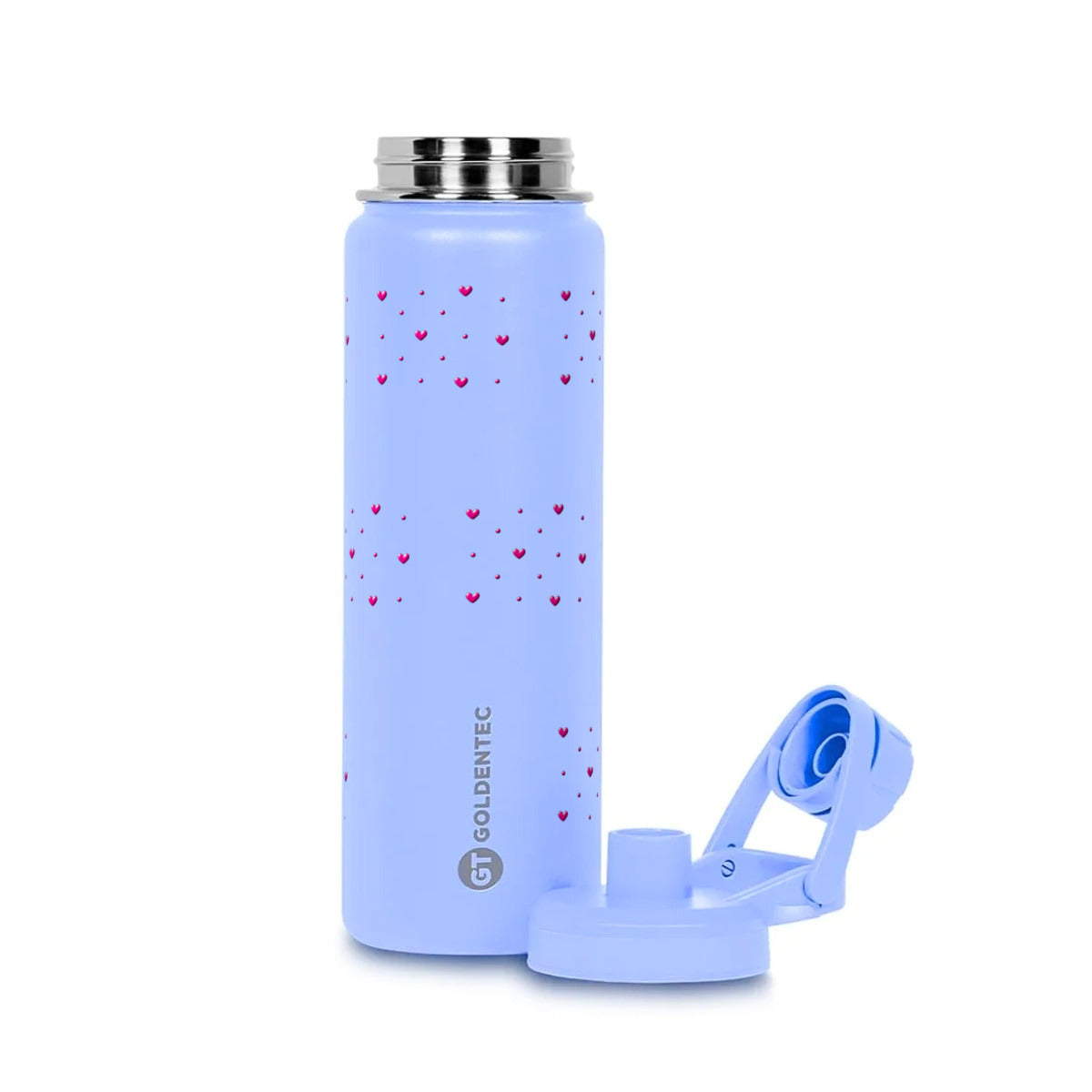 Garrafa Térmica Goldentec 750ml Corações Rosa Lavanda, com a tampa aberta