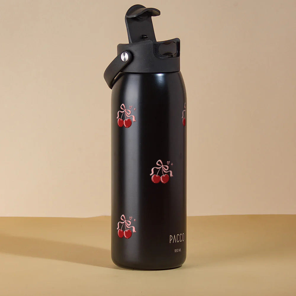 Garrafa Térmica PACCO Easy 950ml Cereja Pop Preto, com a tampa aberta