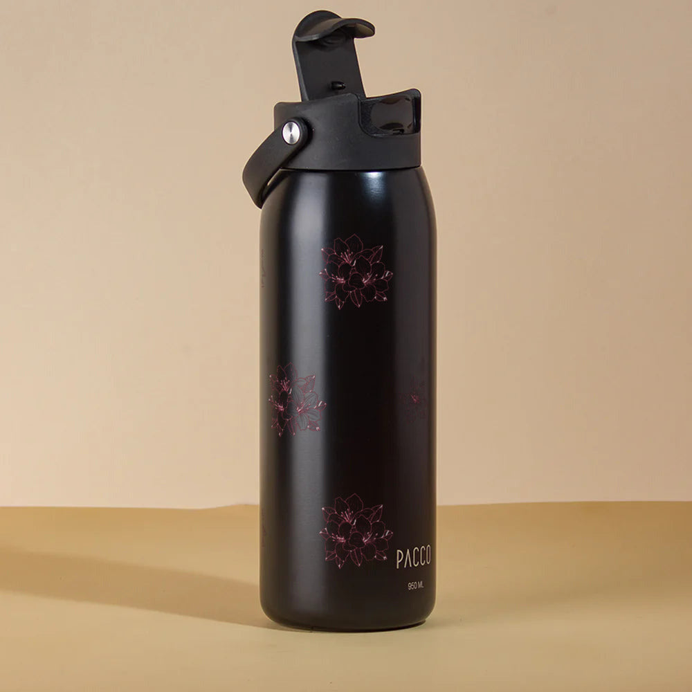 Garrafa Térmica PACCO Easy 950ml Floral Rosa Preto, com a tampa aberta