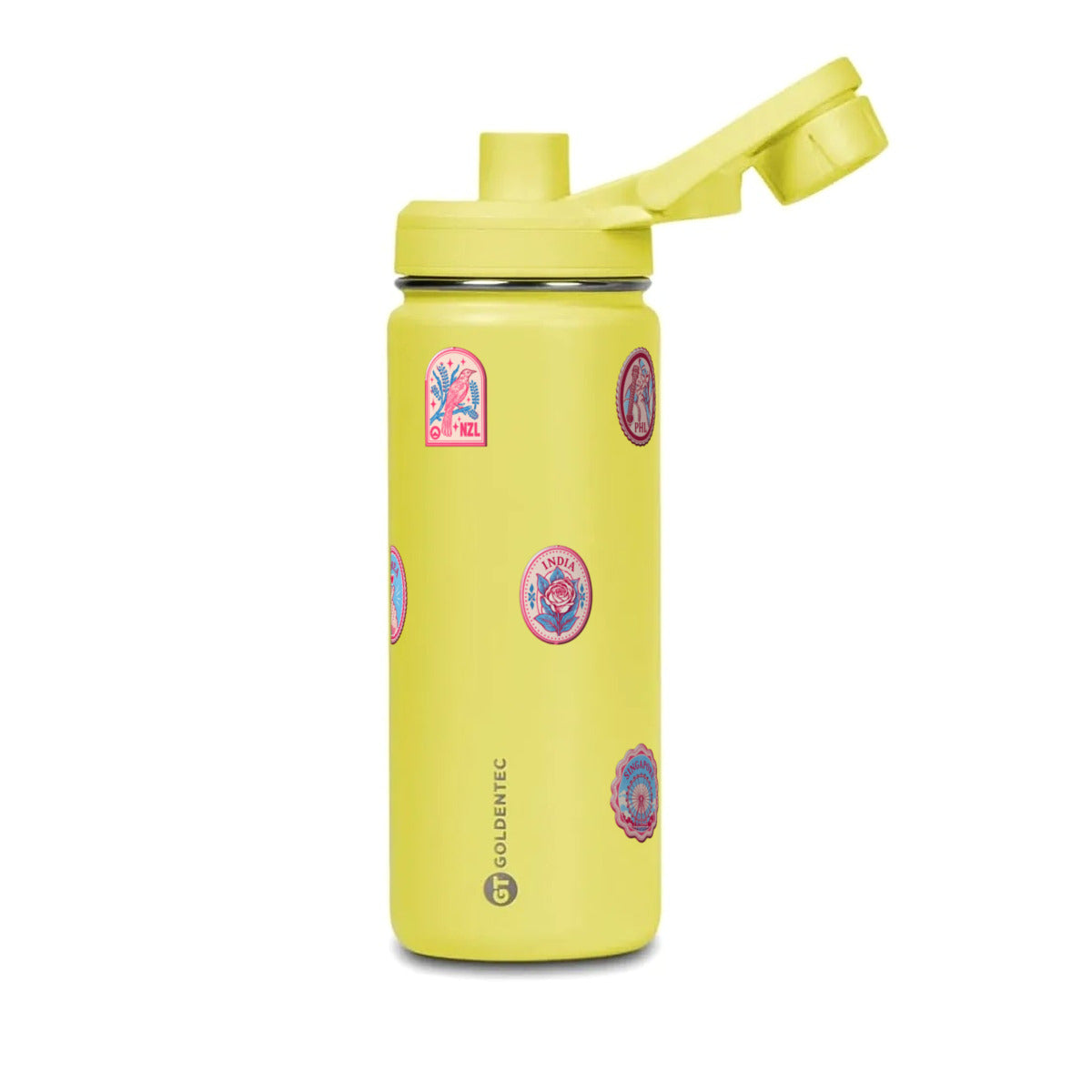 Garrafa Térmica Goldentec 500ml Selos de Viagem Amarela, com a tampa aberta