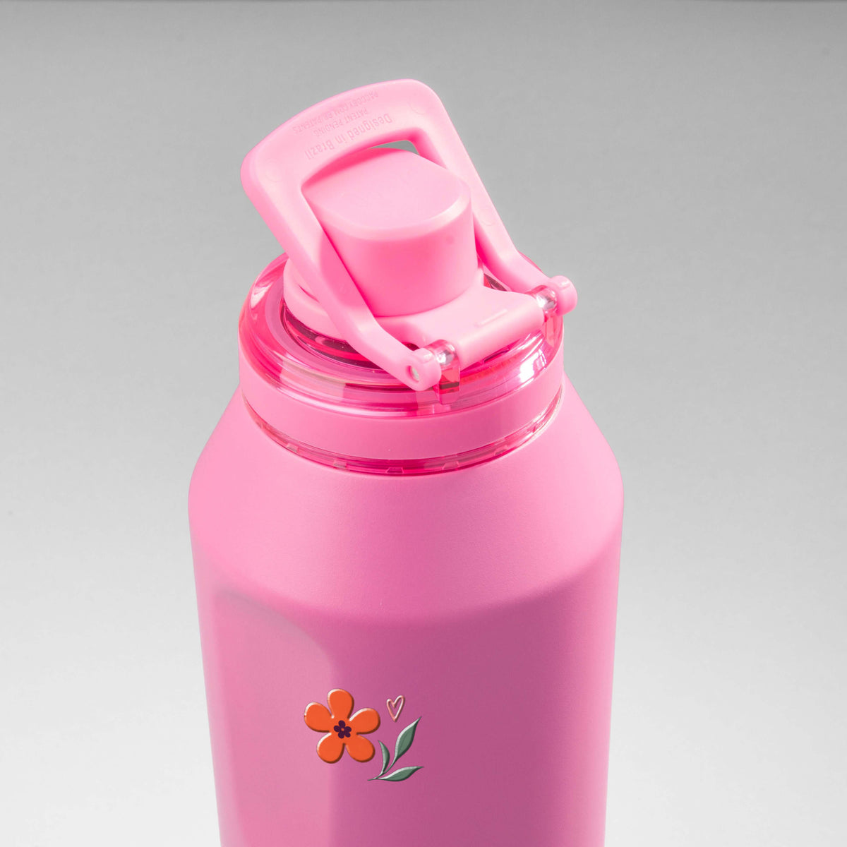 Garrafa Térmica PACCO Vyta 1200ml Floral Club Chiclete, vista de cima com a alça levantada