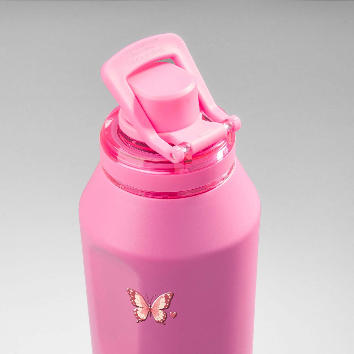 Garrafa Térmica PACCO Vyta 1200ml Rosé Butterfly Chiclete, vista de cima com a alça levantada