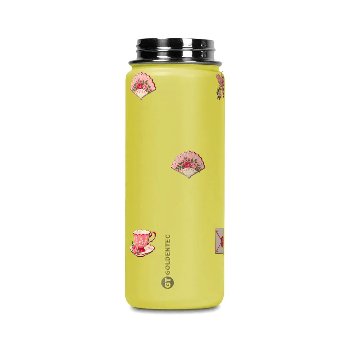 Garrafa Térmica Goldentec 500ml Rosé Romântico Amarela, tampa aberta