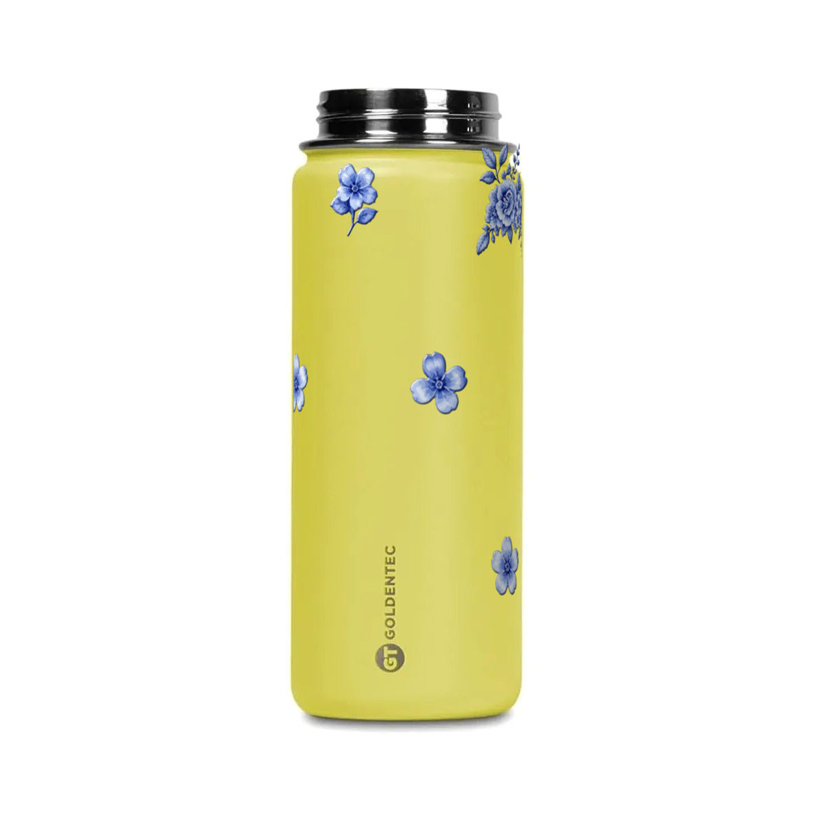 Garrafa Térmica Goldentec 500ml Jardim Azul Amarela, tampa aberta