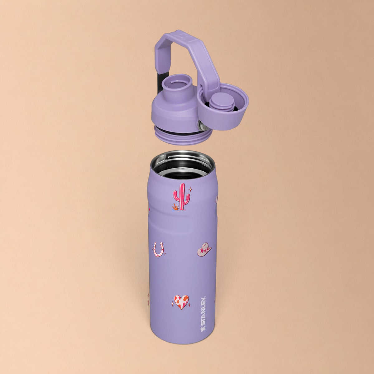 Garrafa Térmica Stanley Aerolight Fast Flow 710ml Country Rosa Lavender, com a tampa aberta