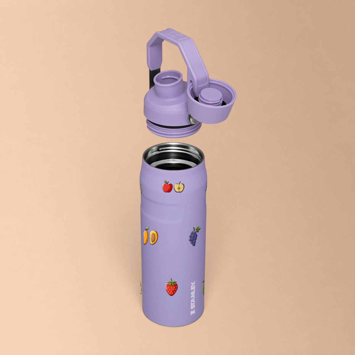 Garrafa Térmica Stanley Aerolight Fast Flow 710ml Frutas Lavender, com a tampa aberta