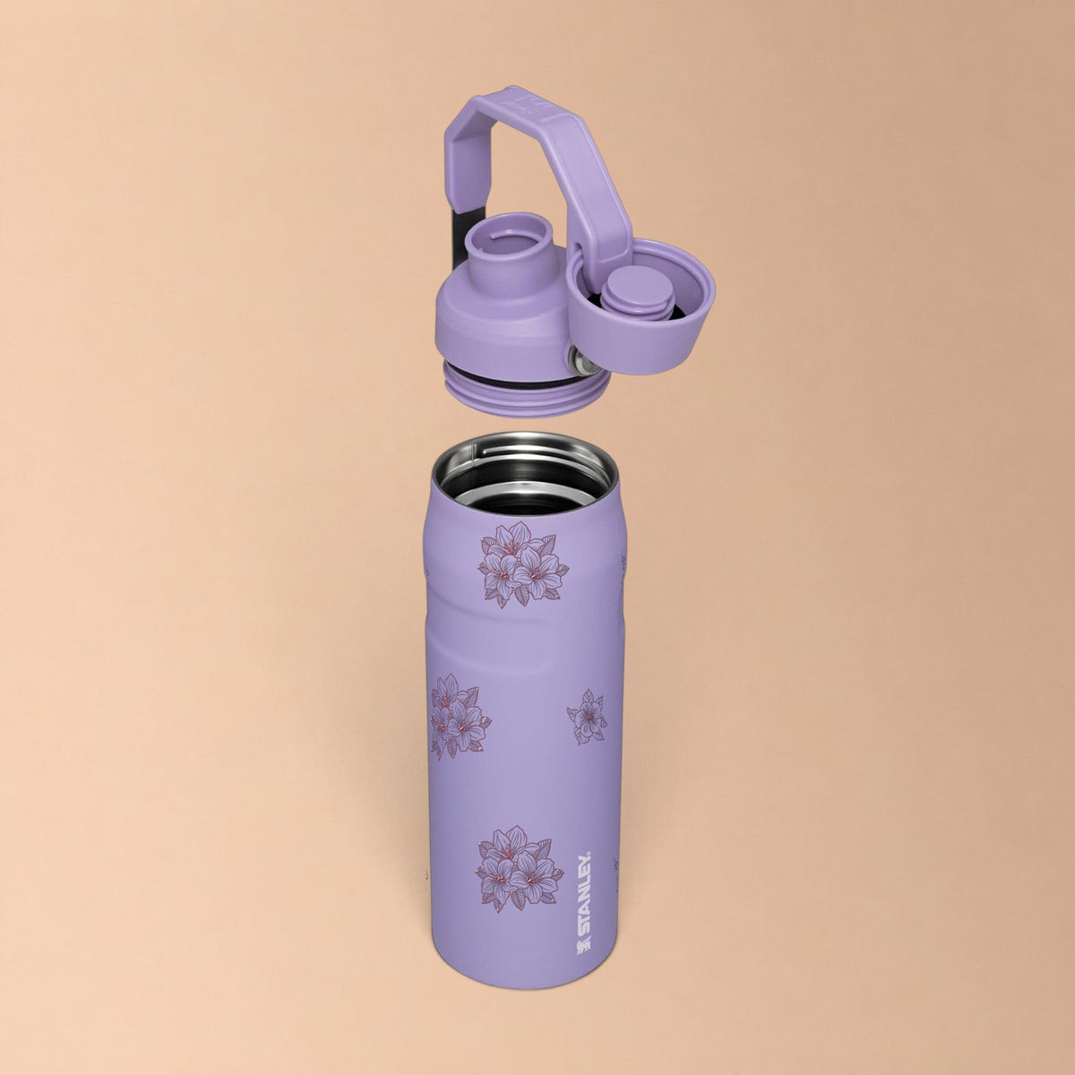 Garrafa Térmica Stanley Aerolight Fast Flow 710ml Floral Rosa Lavender, com a tampa aberta