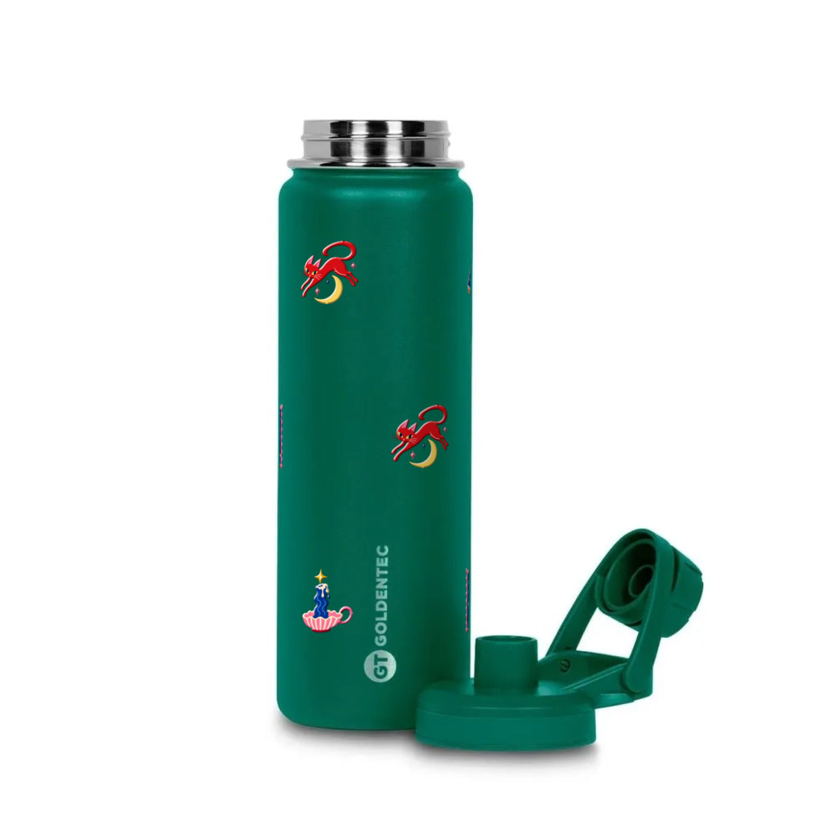 Garrafa Térmica Goldentec 750ml After Hours Verde Militar, com a tampa aberta