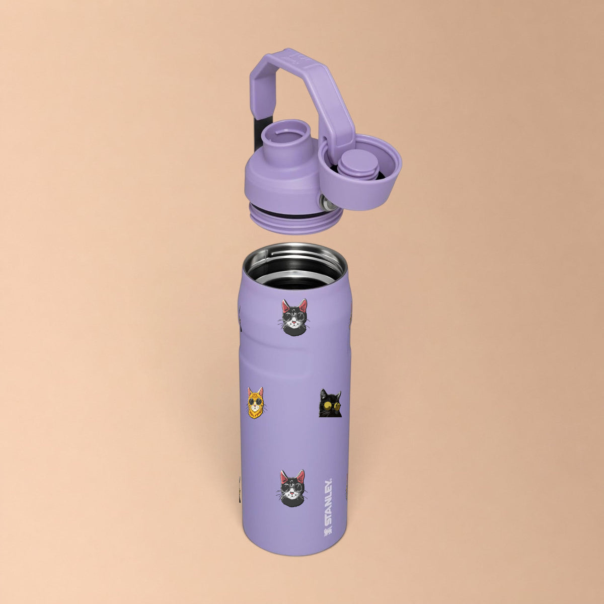 Garrafa Térmica Stanley Aerolight Fast Flow 710ml Gatos de Óculos Lavender, com a tampa aberta