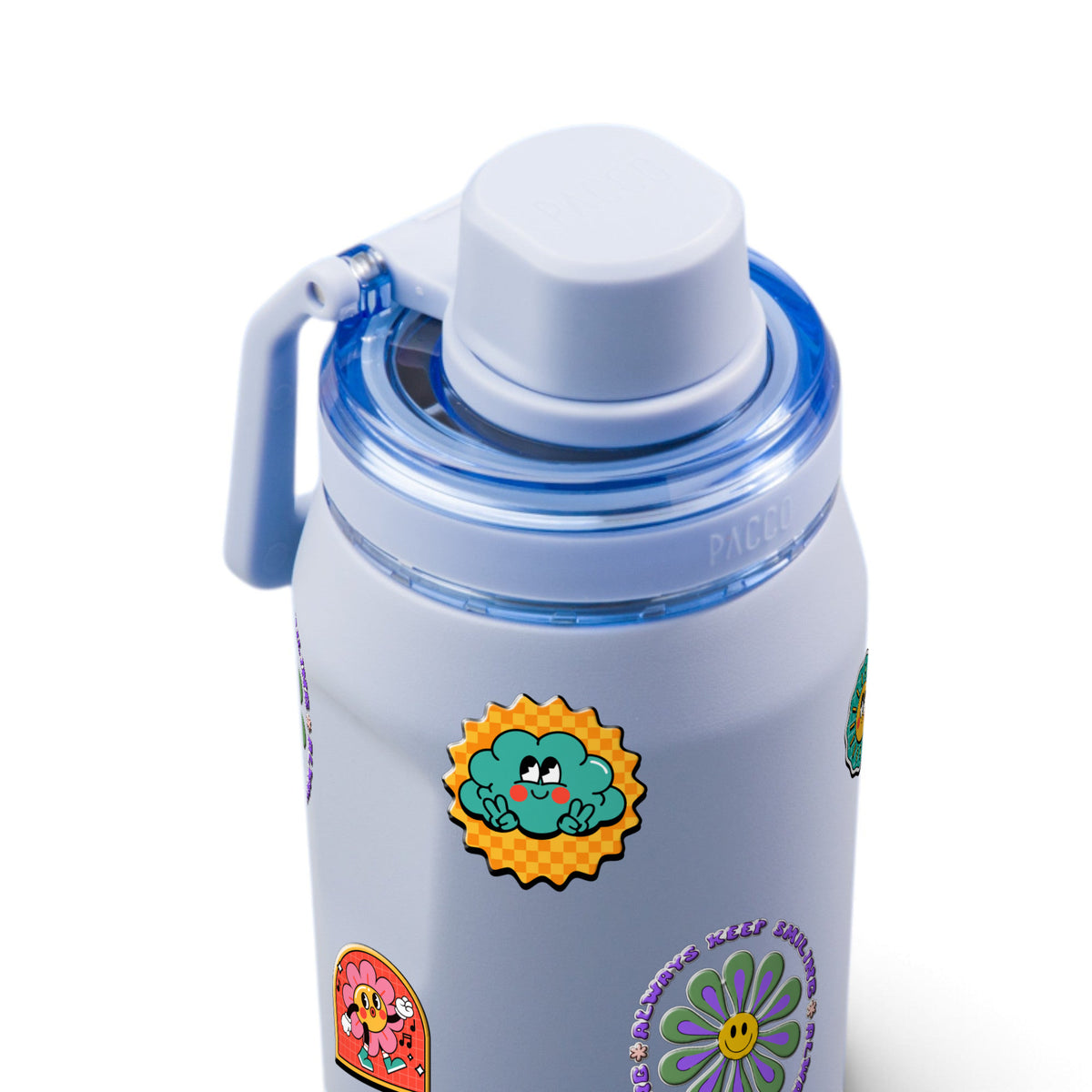 Garrafa Térmica PACCO Vyta 350ml Retrô Good Vibes Lavanda, tampa alca esquerda