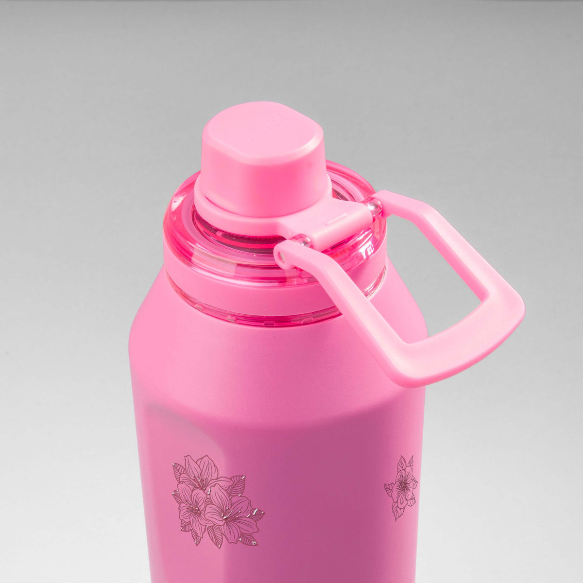 Garrafa Térmica PACCO Vyta 1200ml Floral Rosa Chiclete, vista de cima com a alça de lado