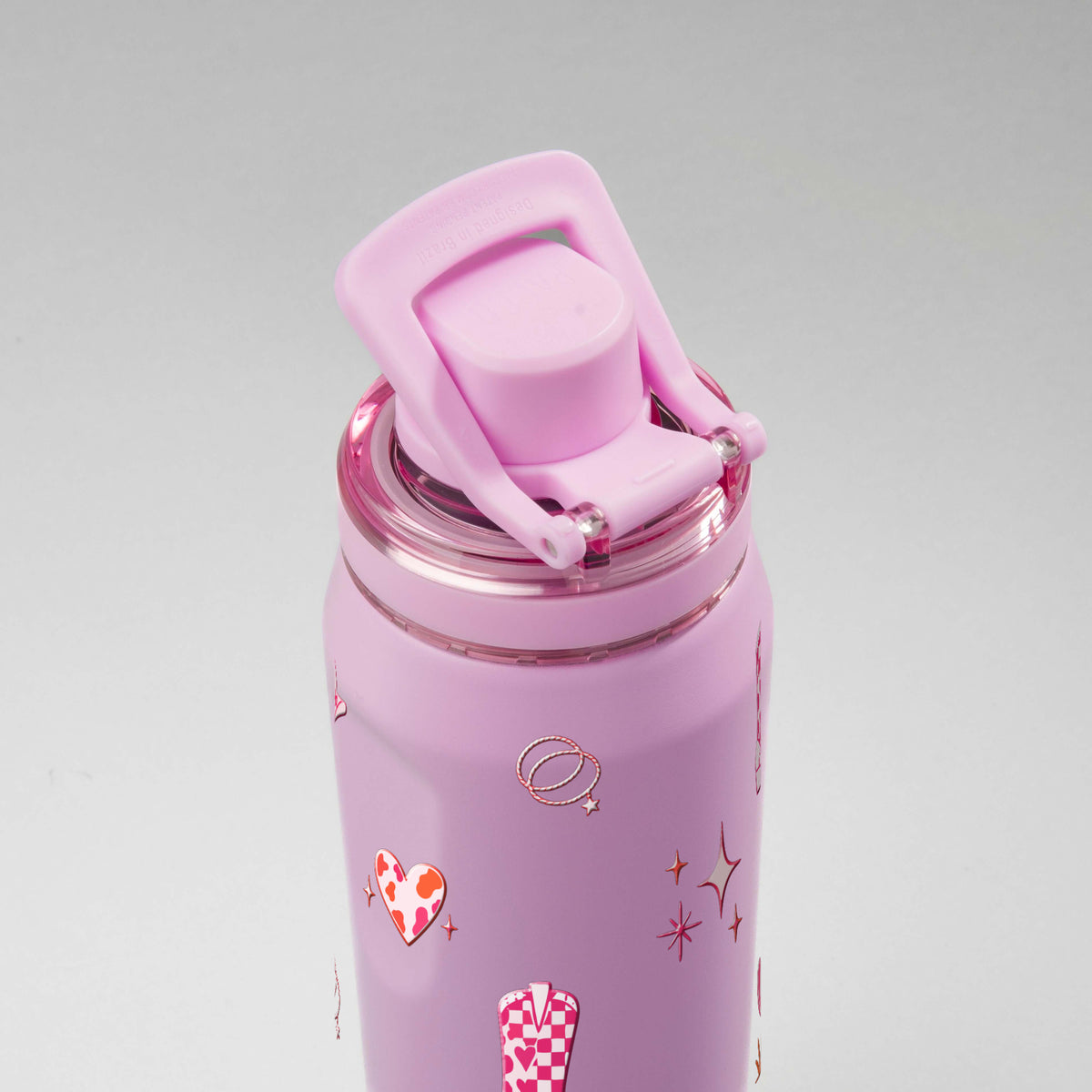 Garrafa Térmica PACCO Vyta 500ml Country Rosa Lilás, vista de cima com a alça levantada