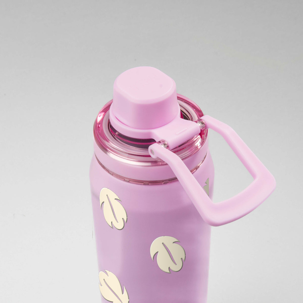 Garrafa Térmica PACCO Vyta 500ml Folhas Creme Lilás, vista de cima com a alça de lado