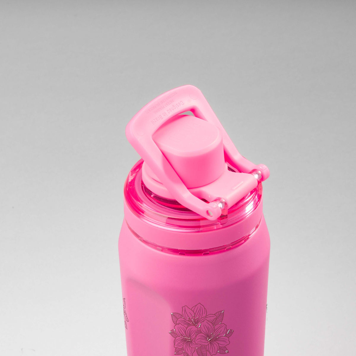 Garrafa Térmica PACCO Vyta 650ml Floral Rosa Chiclete, vista de cima com a alça levantada