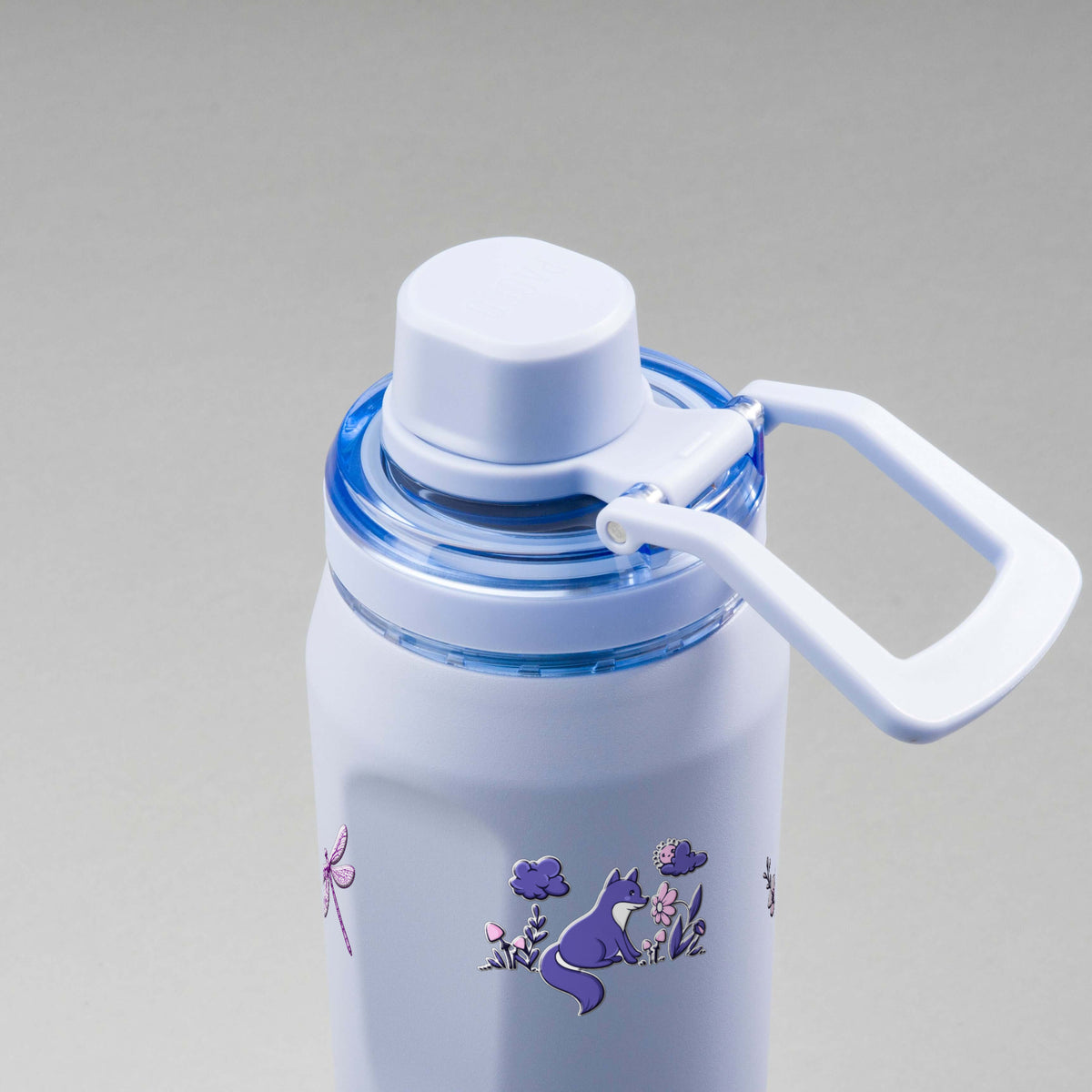 Garrafa Térmica PACCO Vyta 650ml Natureza Lilás Lavanda, vista de cima com a alça de lado
