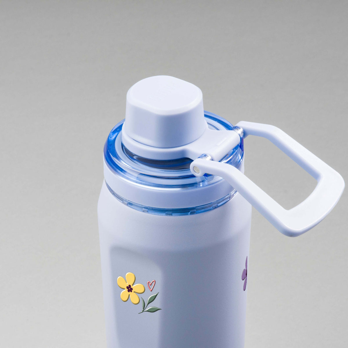 Garrafa Térmica PACCO Vyta 650ml Floral Club Lavanda, vista de cima com a alça de lado