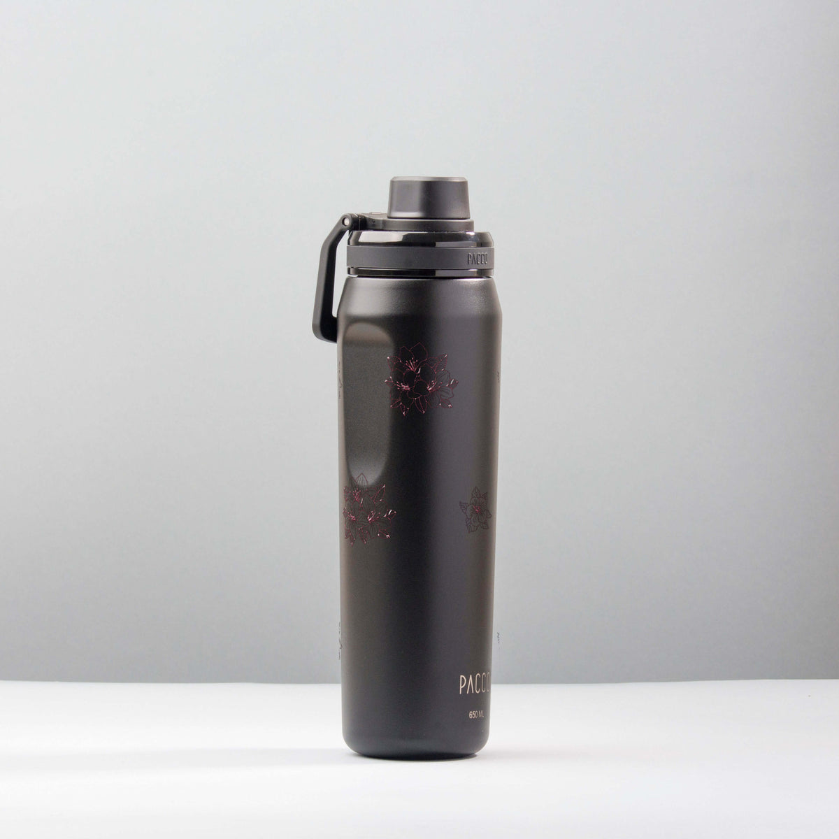 Garrafa Térmica PACCO Vyta 650ml Floral Rosa Preta, foto de estúdio