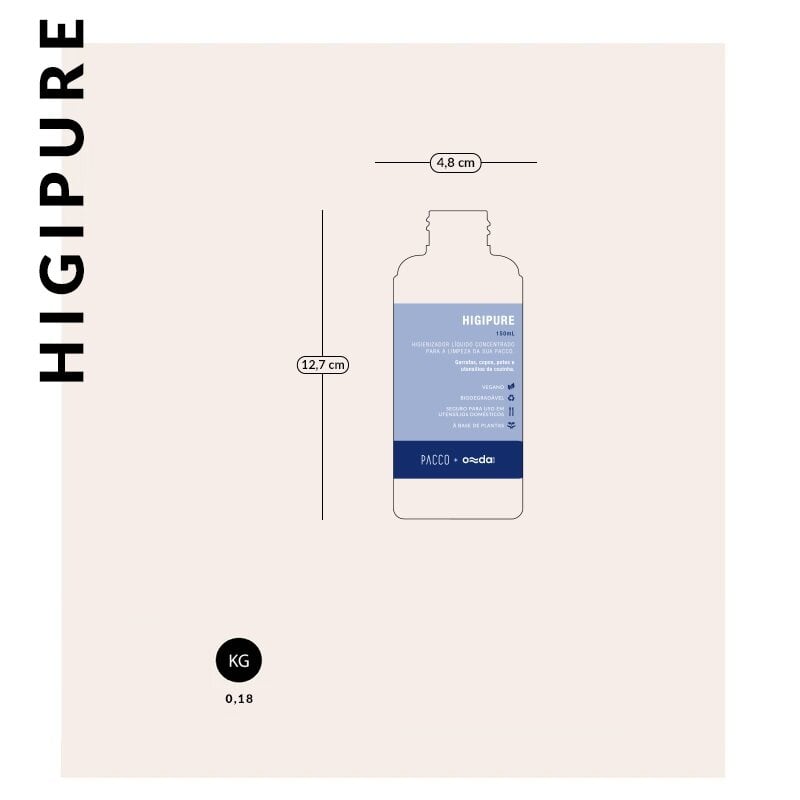 Dimensões do Higienizador Higipure 150ml com medidas em centímetro destacadas.