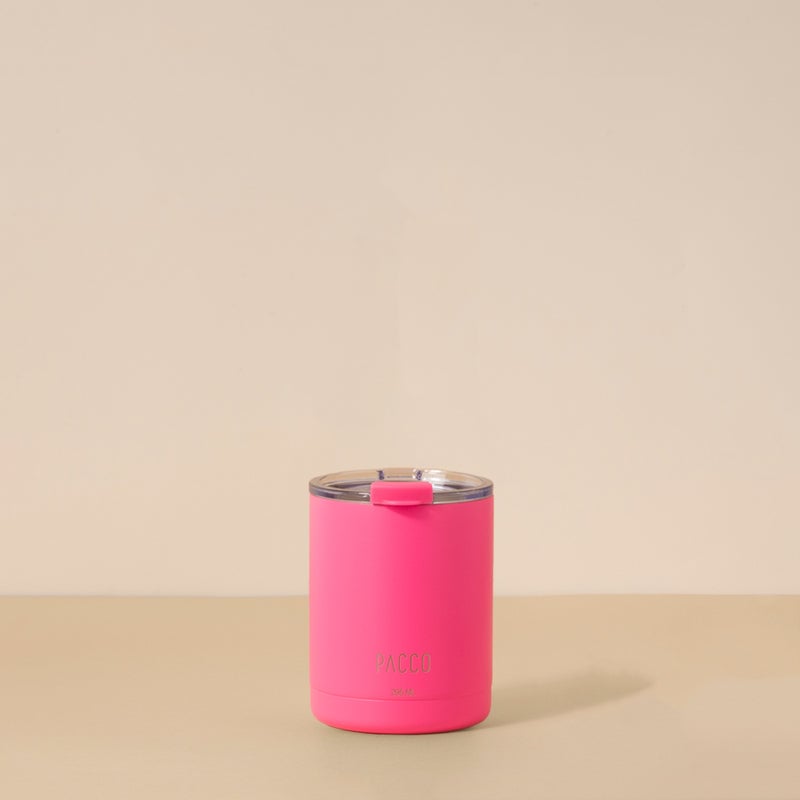Copo Térmico PACCO HappyCup 295ml rosa, design moderno e confortável com corpo em aço inoxidável 18/8 para evitar suor.
