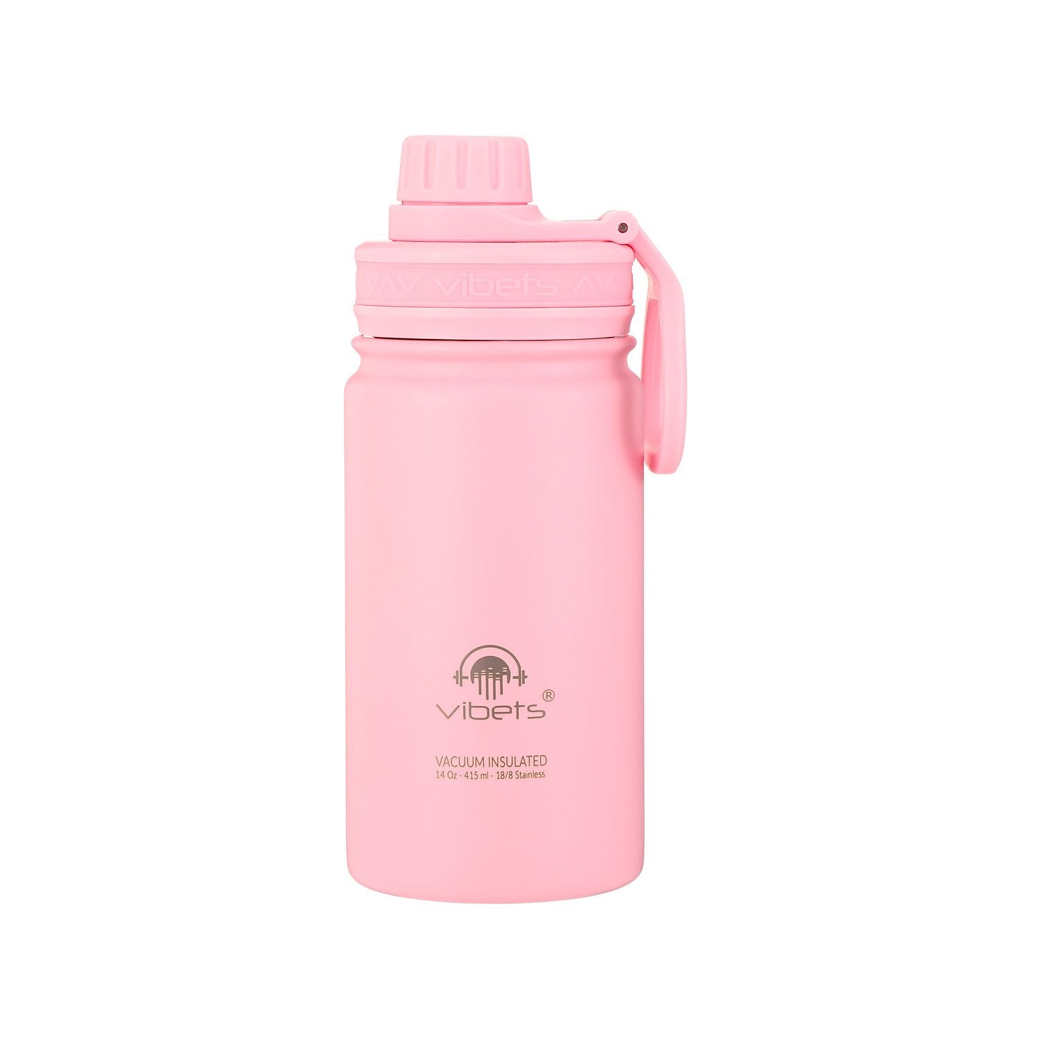 Garrafa Térmica Vibets Kids 415ml rosa com isolamento superior e parede dupla para manter bebidas quentes ou frias sem condensação externa.