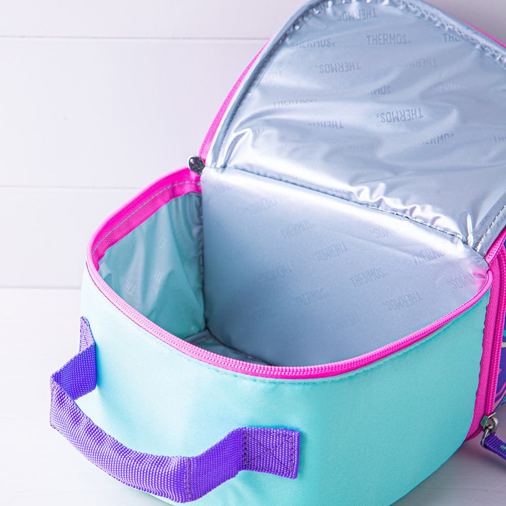 Bolsa Térmica Thermos - Arco-íris aberta, isolante, ideal para a lancheira das crianças, sem PVC, material maleável e colorido.