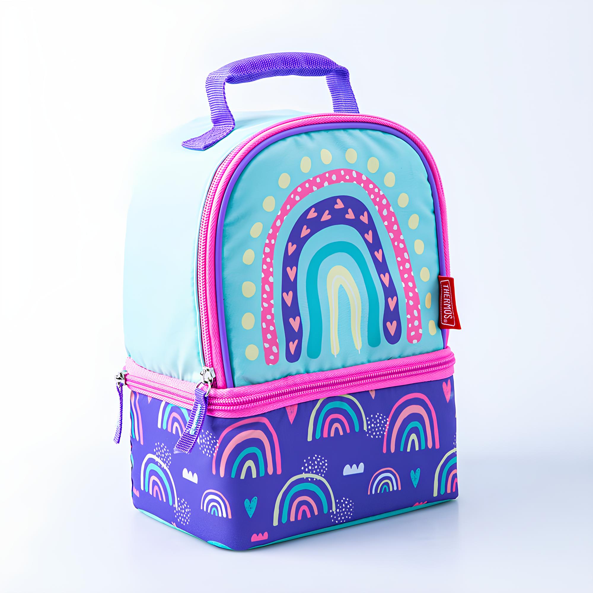Bolsa Térmica Thermos - Arco-íris para lanche das crianças com design colorido e isolante térmico de alta qualidade.