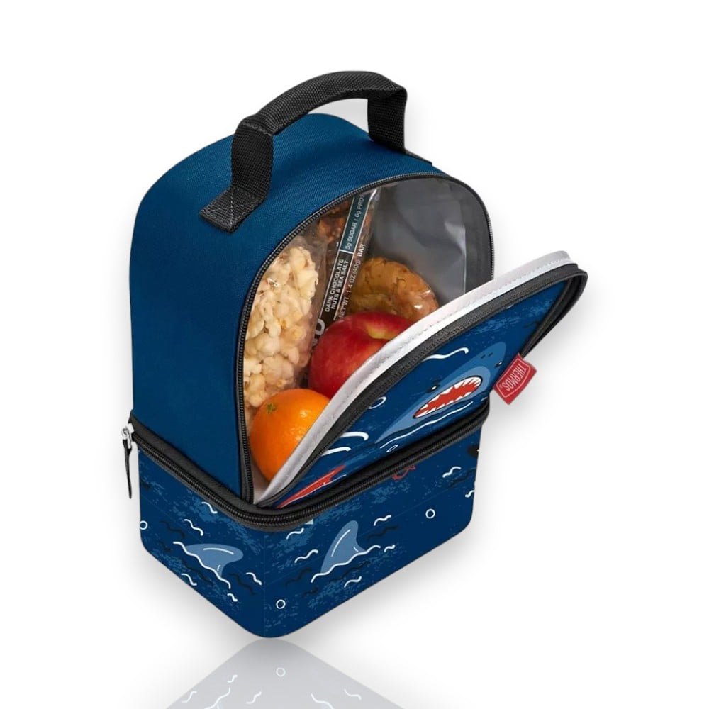 Bolsa Térmica Thermos - Tubarão com design de tubarão, ideal para lanches infantis com isolamento térmico de qualidade.