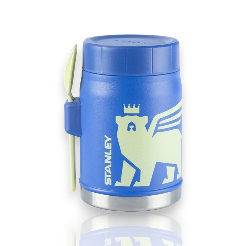 Pote Térmico Stanley Kids - 414ml azul com estampa de urso, tampa hermética e garfo embutido. Design funcional para alimentos.