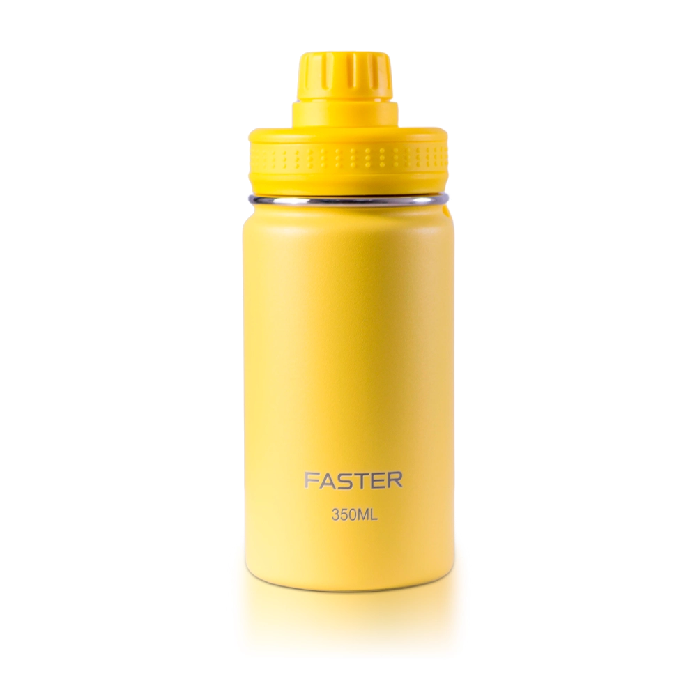 Garrafa Térmica Faster - 350ml amarela com tampa, ideal para manter a água fresca e incentivar a hidratação das crianças.