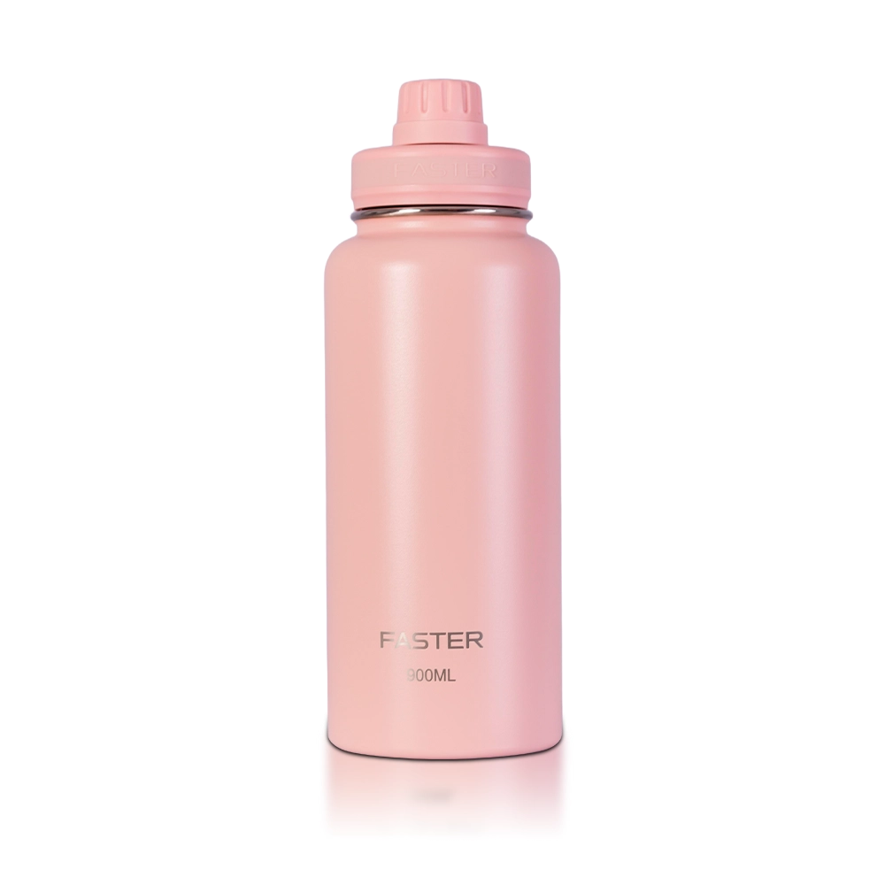 Garrafa Térmica Faster - 900ml em aço inoxidável rosa, ideal para manter bebidas quentes por 12h e frias por 24h, design compacto e leve.