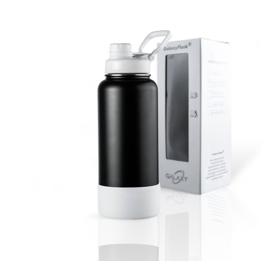 Garrafa Térmica GalaxyFlask® 946ml - Black Editions com tampa Spout Lid, estrutura de aço inoxidável para conservação térmica.