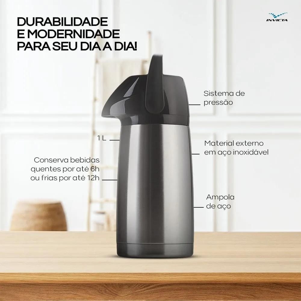 Garrafa Térmica Air Pot Inox Inquebrável 1L Invicta com sistema de pressão e alça, ideal para conservar bebidas quentes e frias.