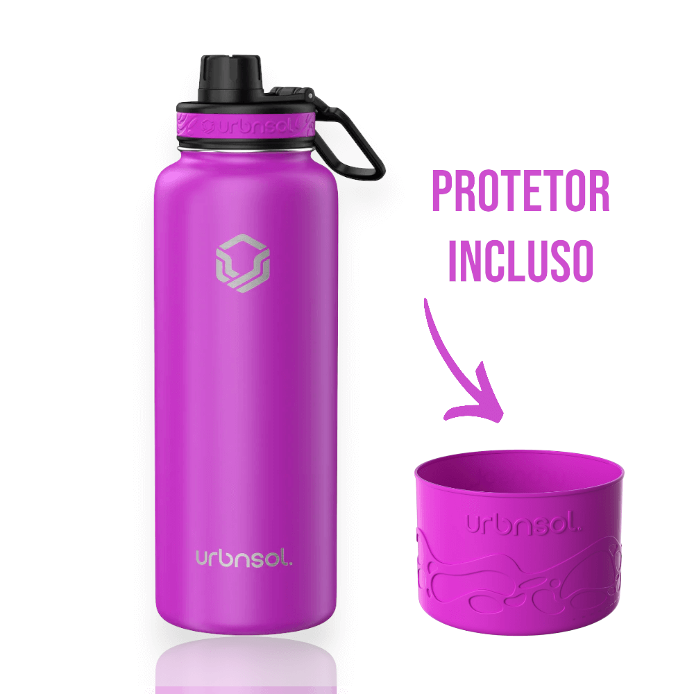 Garrafa Térmica Urbnsol 1,18L - Tradicional em roxo com protetor incluso, ideal para manter bebidas quentes por 12h e frias por 24h.